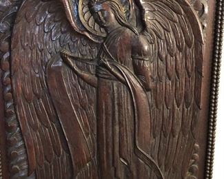 Large wood carved angel relief panel