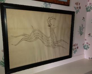 Large important Folk Art Spencerian penmanship calligraphic pen and ink drawing of a leaping stag
