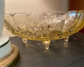 Footed vintage large glass bowl in yellow