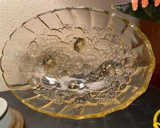 Footed vintage large glass bowl in yellow - inside view