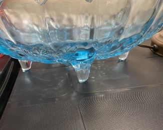 Footed vintage large glass bowl in blue