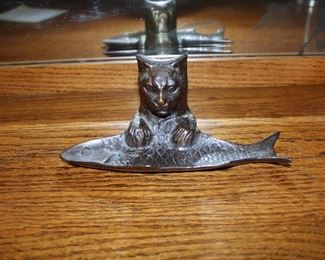 Bronze cat and fish pen tray from a desk set