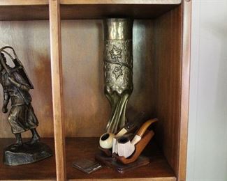 Great trench art vase with unusual twisted stem and two meerschaum pipes and a pipe holder