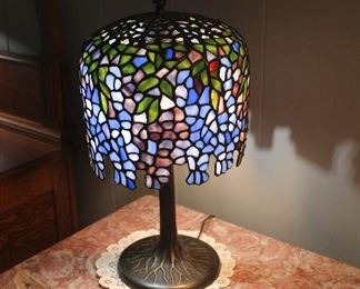 Gorgeous modern leaded glass lamp with bronze base, 19" tall, 11" across, designed after the Louis C. Tiffany Wisteria lamp