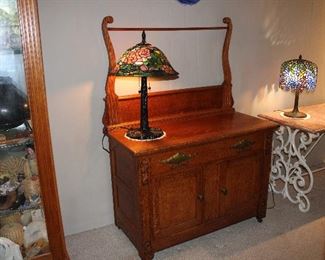 Antique oak wash stand with carving, larger than most, 42" long, 20" deep, 29 1/2" tall to top, 58" tall overall