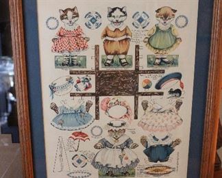 Framed print from The Woman's Magazine, for March, 1920, cat themed paper dolls, uncut sheet