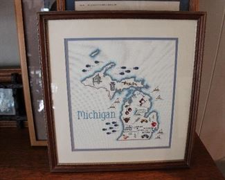 Lovely needlepoint of the State of Michigan, framed