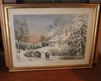 The Snow Storm, Currier & Ives, framed.