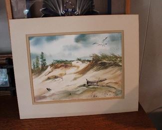 Local Whitehall artist Sal Harris watercolor, dunes with driftwood and seagulls
