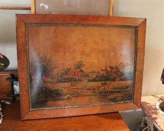 Gorgeous large 19th century birdseye maple frame with print, minor losses to edges
