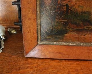 Gorgeous large 19th century birdseye maple frame with print, minor losses to edges