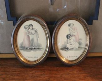 Lovely pair of hand colored Victorian prints of PLEASURE and SORROW