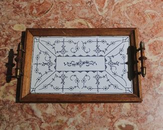 Wonderful antique tile set in oak tray with brass fittings on handles