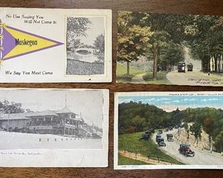 Muskegon Post Cards including Scene of Lake Street, Muskegon, Mich; Theatre, Lake Michigan Park, and Horseshoe Bend on Scenic Highway, Photo by Beckquist