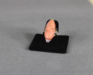Antique carved coral cameo ring in white gold with diamonds, size 6 3/4