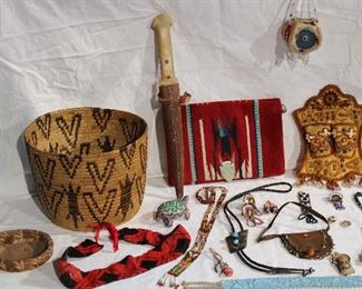 Antique Pictorial Pima Indian basket, various examples of beadwork, sterling and turquoise bolo tie, 1904 beadwork match holder, knife in sheath, and a Fred Harvey chimayo woven wool purse c. 1940