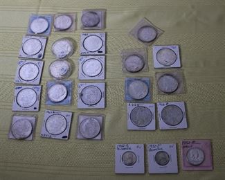 Morgan and Peace silver dollars, silver quarters and silver Franklin half dollar