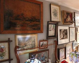 Artwork galore!  Needlepoint, cross stitch, water colors, oil paintings, early 19th c. botanicals, etc.
