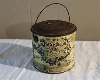 Fun and RARE The Pottery-Parlin Company Christmas tin c. 1900, with its original lid