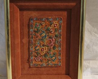 Antique Persian or Moghul India beaded miniature rug, framed