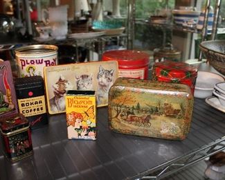 Lovely collection of antique tins, Droste cocoa tins, tobacco tins, Victorian tins, Christmas tins