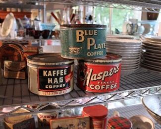 Lovely collection of antique coffee tins, Droste cocoa tins, tobacco tins, Victorian tins, Christmas tins