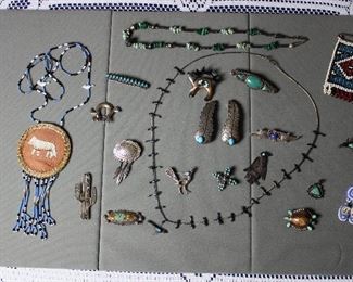 Native American bead jewelry, silver and turquoise jewelry, and silver and turquoise barrettes. 