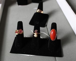 1920's to 1950's 14K yellow gold rings with synthetic rubies, cultured pearls, and a HUGE Sardinian Red coral cabochon!  It's a Statement Maker!