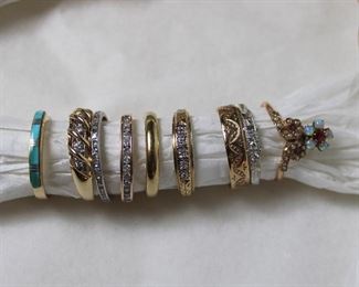 Kingman turquoise in 14K gold, gold and diamond and platinum and diamond bands, Victorian opal and pearl ring