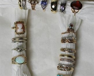 Great collection of gold and platinum bands, diamond bands, cameo ring, opal ring, garnet ring, Kingman turquoise and gold ring, sizes 5 1/2 to 8 1/2!