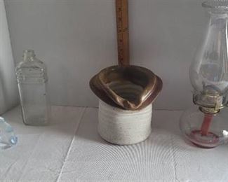 Oil lamp, pottery vase, vintage glass bottle & home decor