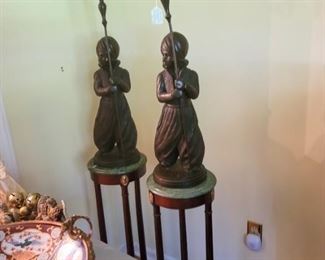 Large Bronze Candelabra. Marble Top Plant Stands