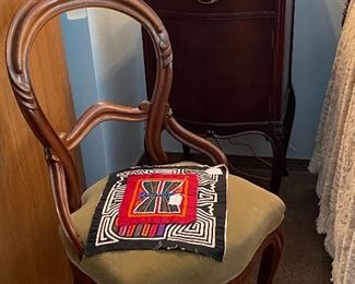 ANTIQUE WALNUT BALOON BACK SIDE CHAIR, ANTIQUE COMODE AND Central American TEXTILE