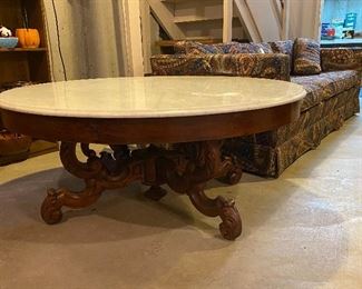 MASSIVE ORNATE ANTIQUE MARBLE TOP PARLOR TABLE