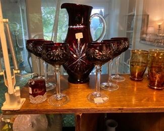 Bohemian Ruby-Cut-to-Clear Pitcher and Glasses