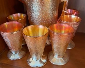 Vintage Jeanette Carnival Glass Pitcher & 6 Glasses