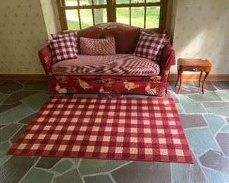 Super cute and unique custom rooster couch with matching farm style rug! 