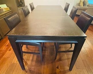 2) $1,295 Robb & Stuckey high top dining table with 6 leather stools  Black birch  • 36 high 96 wide 42 deep 
removable leaf • 24
Six leather dining chairs  • 43high 21wide 22deep