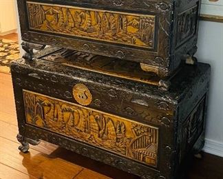 27)    Decorative carved Oriental Chests - Large one $195, Medium one $175, Small one $145.   Largest one:  • 24 high 40 wide deep 20 deep