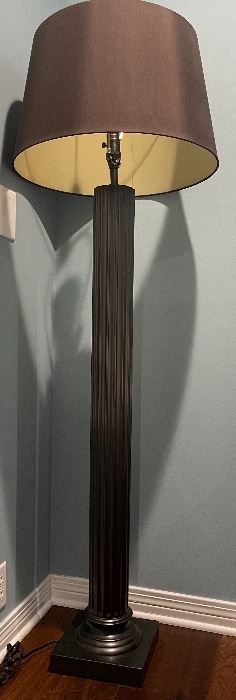 31)   $125   Column floor lamp with brown shade   • 63 high 20 across