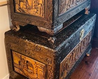 27)    Decorative carved Oriental Chests - Large one $195, Medium one $175, Small one $145.   Largest one:  • 24 high 40 wide deep 20 deep