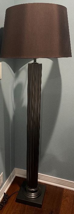 31)   $125   Column floor lamp with brown shade   • 63 high 20 across
