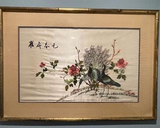 40)   $125   Asian framed peacocks on silk  • 29 x 20