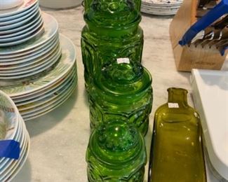 Vintage green glass canisters