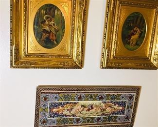 Bottom painting is an early 19th century Iranian painting  on camel bone.  Parts of this painting was painted with one bristle brushes.  Paintings above are original oil on board