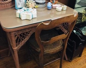 19th century wicker desk and chair plus dresser boxes--