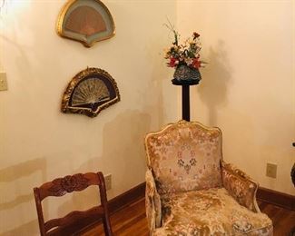 fine antique furniture and notice the framed 19th  century fans--1920's era Louis 15th chair