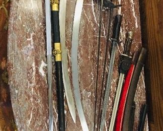 WW 1 British bayonet, early Turkish and Indian Sword and a Civil War Reproduction sword