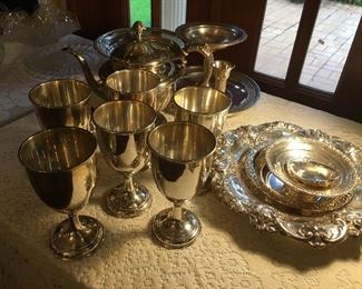 many sterling silver items including demitasse spoons, shrimp forks, sterling goblets, trays, compotes etc