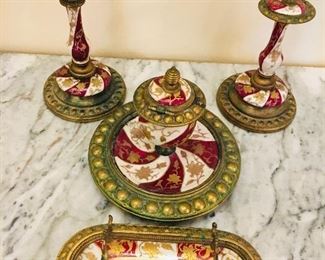 19th c Champleve French Enameled Desk Set—fine!!